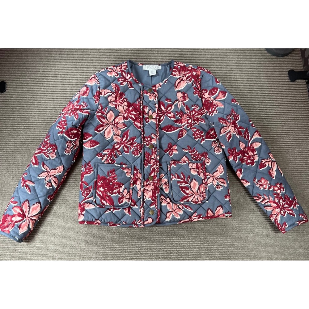 Rachel Zoe Womens Quilted Floral Jacket Blue Red Cotton Snap Front Pockets Small